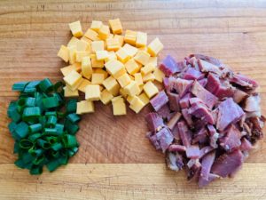 Ham and pea salad ingredients separated