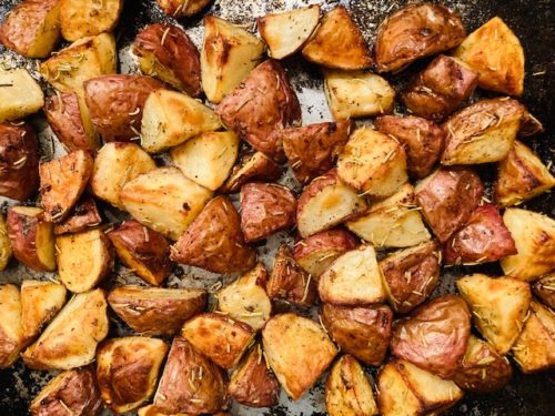 Roasted red skin potatoes with rosemary out of oven