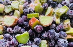 blueberries and rhubarb tossed with flour and sugar
