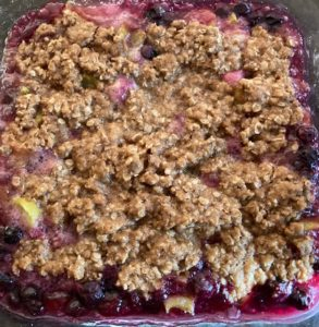 blueberry rhubarb crisp recipe finished square image