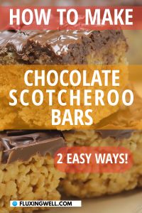 How to Make Chocolate Scotcheroo Bars pinterest image of three bars on a plate