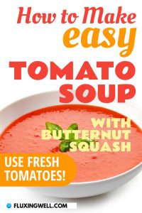 easy butternut squash tomato soup in a bowl Pinterest image 
