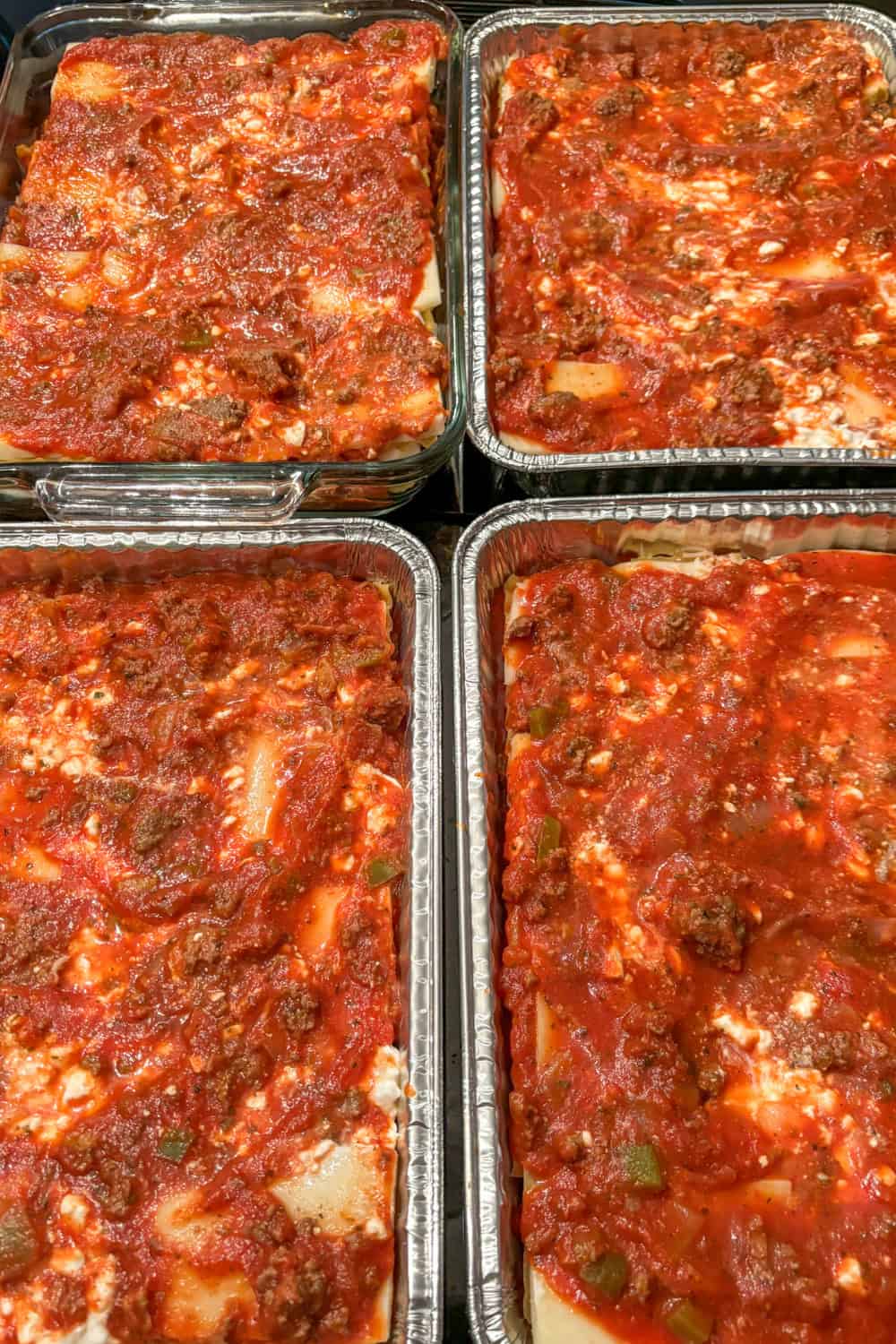 easy freezer lasagna in foil and glass pans