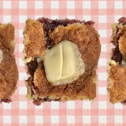 three rhubarb blueberry coffee cakes featured image