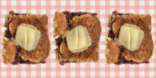 three rhubarb blueberry coffee cakes featured image