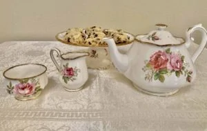 Tea party cake stand and teapot with tea party mini scones