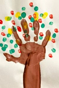 Pointillism project for younger elementary students handprint apple tree for back to school