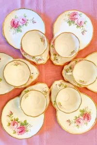 tea party tenis sets arranged geometrically for a rose tea party theme