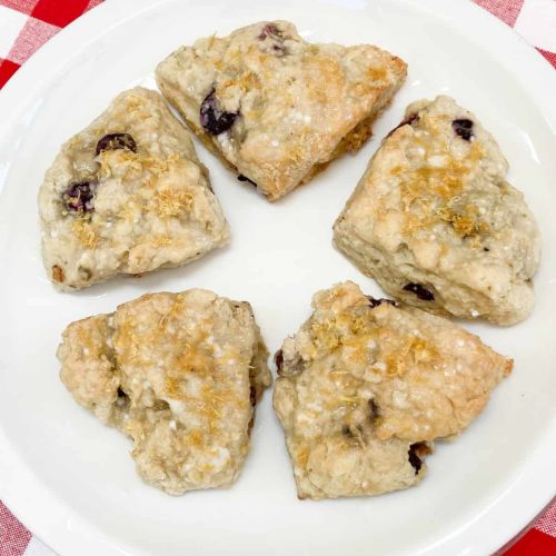 glazed lemon blueberry scones without heavy cream on a plate