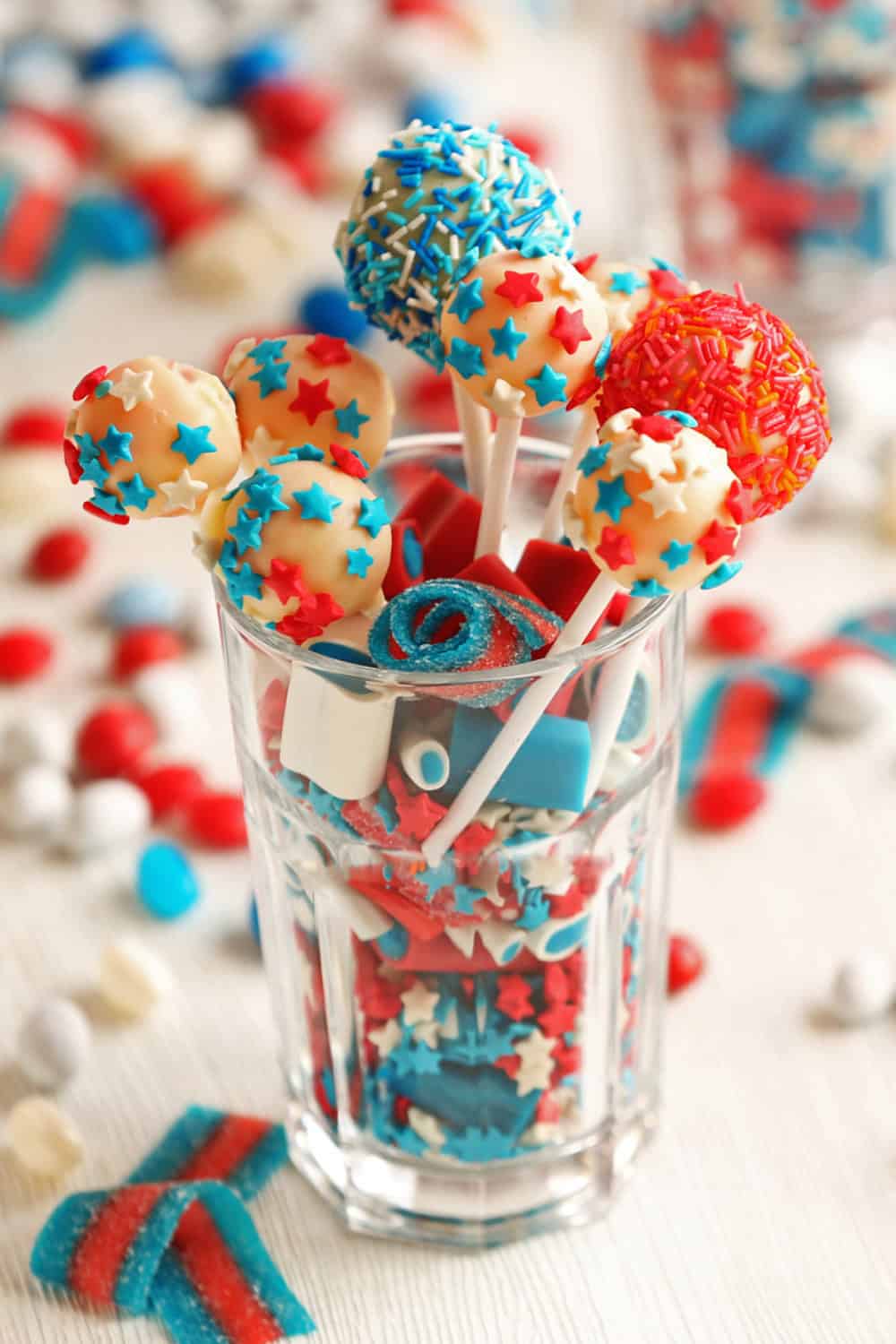 Patriotic red white and blue cake pops