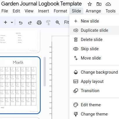 garden journal logbook template duplicating a page in Google slides