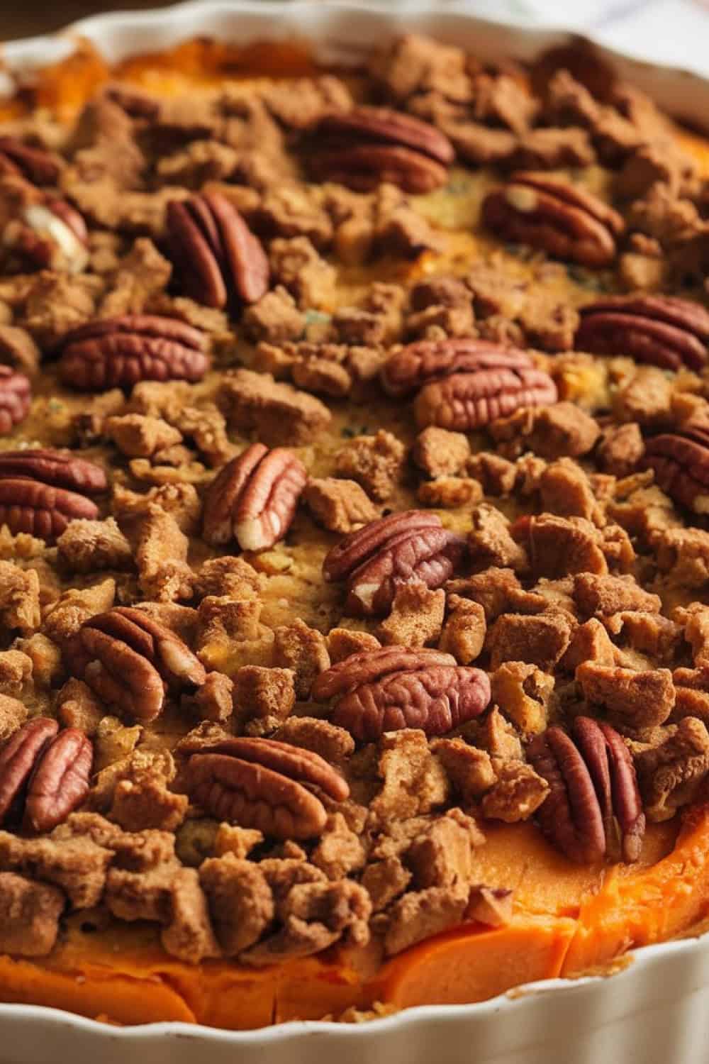 sweet potato casserole with brown sugar topping and pecans