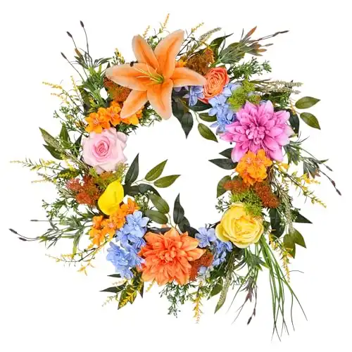 Beinhome Spring Summer Wreath 24in for Front Door, Artificial Door Wreaths Decorated with 11 Flowers Including Rose Lily Dahlias Peonies and Leaves for Front Door Home Decor