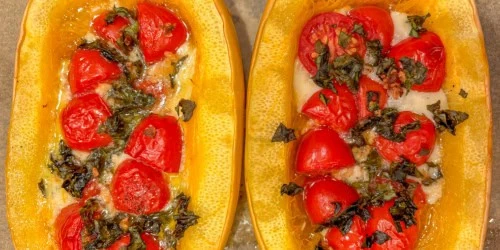 creamy spaghetti squash sheet pan dinner closeup