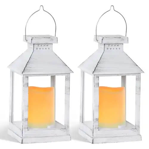 Nattork Solar Vintage Lanterns Outdoor Waterproof Hanging with Flickering Flameless Candles? 2 PCS Garden Outdoor Lantern Decorative for Patio Front Porch Backyard Balcony Cabin Outside Table (White)