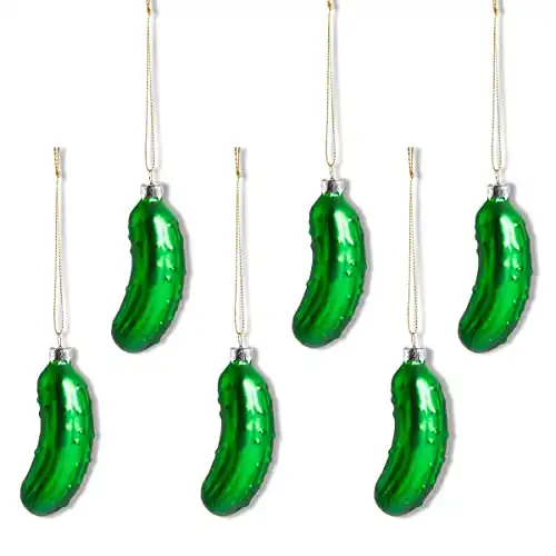 Christmas Pickle Tree Ornament, 6pcs Blown Green Pickle Glass Hanging Ornaments for Christmas Tree, Xmas Hanging Decoration for Christmas Tradition Decor Party Favors, Boxed Packing