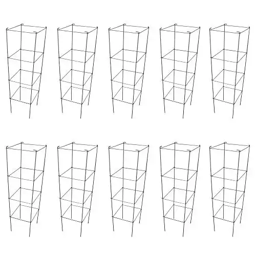 Galvanized Square Folding Tomato Cage Plant Support Stake Tower 12 inch by 46 inch, Pack of 10 Sets(Also Sold as Pack of 2 & 5,PVC Green is Available)