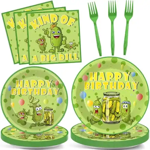 96pcs Funny Pickle Party Plates and Napkins for Kind of A Big Dill Birthday Party Supplies Dill Cucumber Themed Paper Dessert Plates Cartoon Pickle Tableware Set for Kids 24 Guests Party Decorations