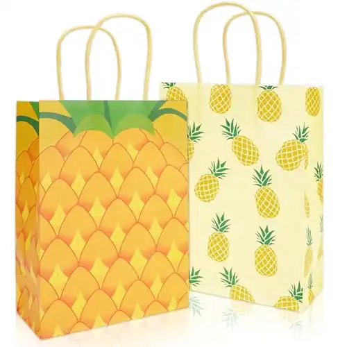 JarThenaAMCS 24Pcs Pineapple Paper Gift Bags Hawaiian Treat Bags with Handles Reusable Yellow Grocery Shopping Bags Summer Fruit Candy Goodie Bags for Luau Birthday Party Supplies