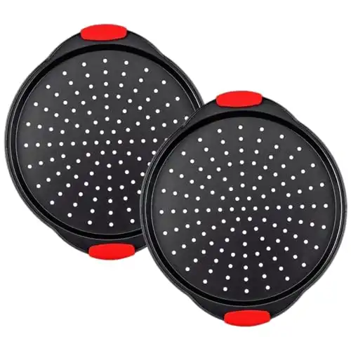 ZOEHROWS Pizza Pan for Oven (2 Pack) Round Pizza Pan with Holes - Non-Stick Carbon Steel Pizza Tray with Silicone Handles - for Cooking, Baking, and Grilling - Dishwasher Safe