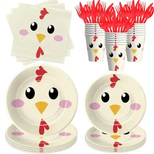 Xenorik Chicken Theme Place-Setting, 24 Servings, Paper Tableware for Birthday Party Decorations