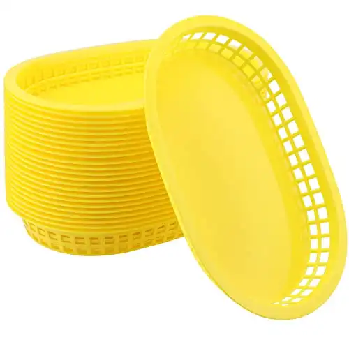 KOHAND 24 Pack 11 x 7 Inch Yellow Fast Food Basket, Plastic Oval Shaped Fast Food Serving Basket, Deli Food Service Basket for Bread, Hot Dog, Burgers, Sandwiches, Fries, Barbecues