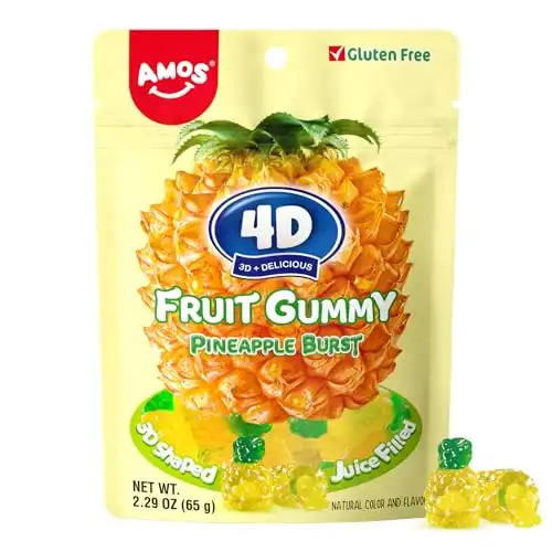 Amos 4D Gummy Candy Pineapple Burst - Fruity, Jelly-Filled, Natural Flavor - Resealable 2.29oz Bag Christmas Candy (Pack of 8)