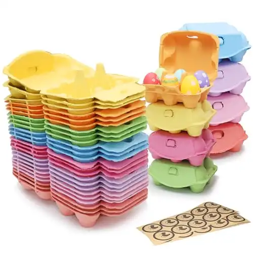 Qiic 24 Pack Half Dozen Colored Egg Cartons with Labels,Natural Pulp Paper Egg Holder Bulk Reusable, Cardboard Egg Tray for Easter Toy, Gifts, Crafts