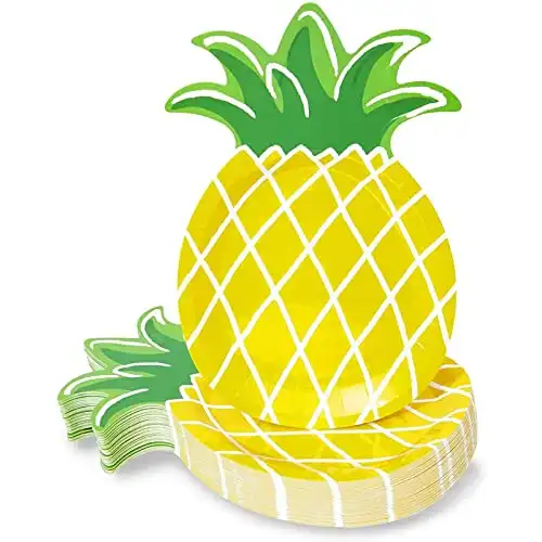 BLUE PANDA Yellow Pineapple Paper Plates for Party Supplies, Hawaiian Themed Parties or Luaus (10 x 6 In, 48 Pack)