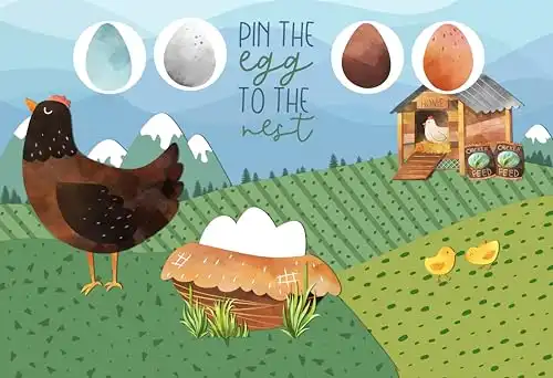 Pin The Egg in The Chicken Nest - Farm Themed Party Supply Game Stickers Poster Set