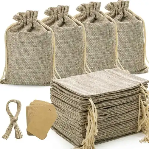 flowsac 25PCS Burlap Gift Bags With Drawstring, 4x6 Small Party Favor Gift Bags, Burlap Bags Linen Sacks Bag for Christmas, Party, Jewelry Pouches, Festival, Birthday, DIY Craft Bags