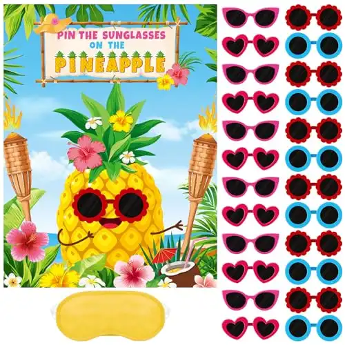 Faccito Hawaiian Luau Party Game Pin The Sunglasses on The Pineapple Party Game Hawaii Tropical Party Supplies with 24 Pcs Sunglasses Sticker for Boy Girl Hawaiian Summer Beach Birthday Tiki Party