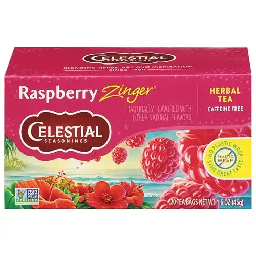 Celestial Seasonings Raspberry Zinger Herbal Tea, Caffeine Free, 20 Tea Bags Box