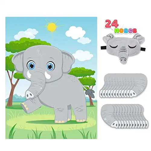 JOYIN Pin The Nose on The Elephant Game, 24 Pcs 21'' x 28'' Elephant Nose Stickers, Make a Face Stickers Party Favors Decorations