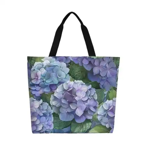 Muishi Purple Hydrangea Flower Leaf Canvas Tote Bag Large Women Casual Shoulder Bag Handbag Reusable Beach Shopping Grocery Bag For Outdoors