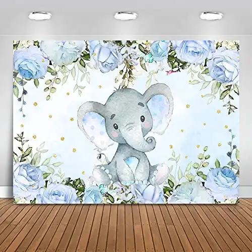 Avezano Elephant Boy Baby Shower Backdrop, Blue Floral Elephant Baby Shower Party Decorations Blue Elephant Baby Shower Party Banner Photography Background (7x5ft)