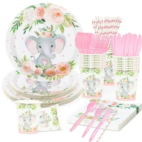 AWLZJZQA 192 Pcs Elephant Baby Shower Plates and Cups and Napkins Sets Serve 24 Guests Pink Elephant Baby Shower Decorations Gender Reveal Themes Party Supplies Decor Birthday Paper Tableware Girl