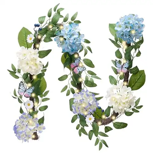 Valery Madelyn 6FT Spring Hydrangeas Garland with Lights for Mantle, Blue White Summer Floral Daisy Garland with Eucalyptus Leaves Butterfly for Home Table Centrepiece Stairs Wedding Party Decorations