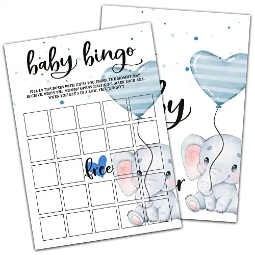 DETIHO Baby Shower Games & Activity, Baby Bingo Fill in Gift Guesses Game, Blue Balloon Elephant, Gender Reveal Game Card(5" x 7", 30-Pack)-E07