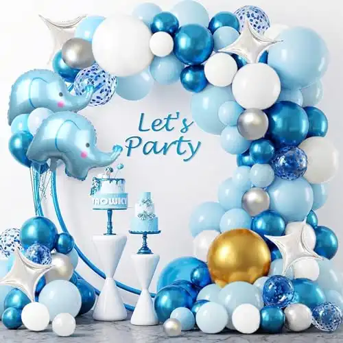 MASTRON 129PCS Elephant Baby Shower Balloon Arch for Boy Blue White Confetti Foil Elephant Balloons Elephant Baby Shower Decorations for Boy Baby Boy Birthday Gender Reveal