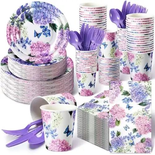 400 Pcs Hydrangea Flowers Spring Plates and Napkins Bridal Shower Plates and Napkins Sets Baby Shower Party Decorations Disposable Dinnerware Set