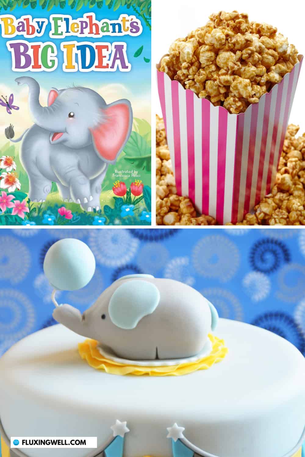 baby elephant themed party food and books