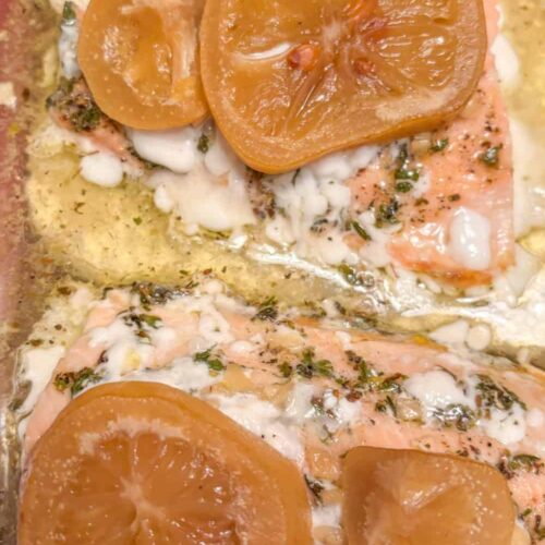 salmon with preserved lemons in a baking dish