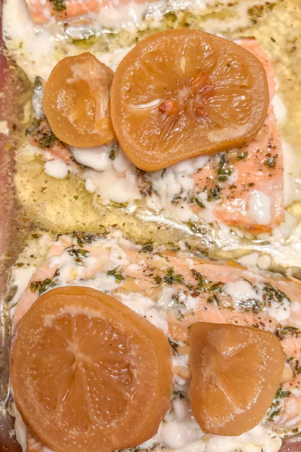 salmon with preserved lemons in a baking dish