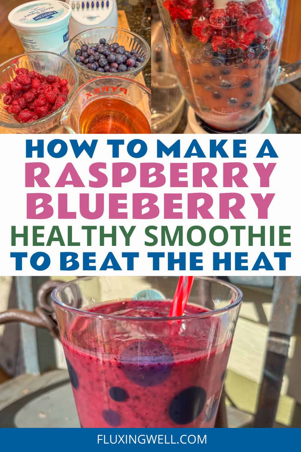 raspberry blueberry smoothie ingredients, in a blelnder, and complete