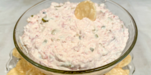 dill pickle and ham dip with crackers